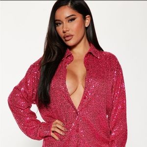 Sequin shirt dress size large / hot pink